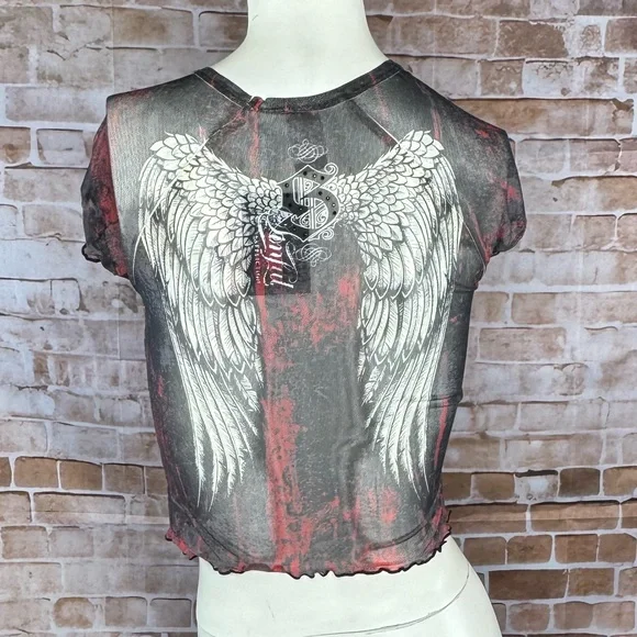 Sinful By Affliction Angel Wings Sheer Short Sleeve Crop Top - NWT - Picture 7 of 12